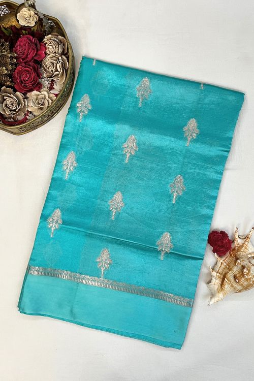 Sky Blue Raw Mango Silk Saree with satin border and zari aachal