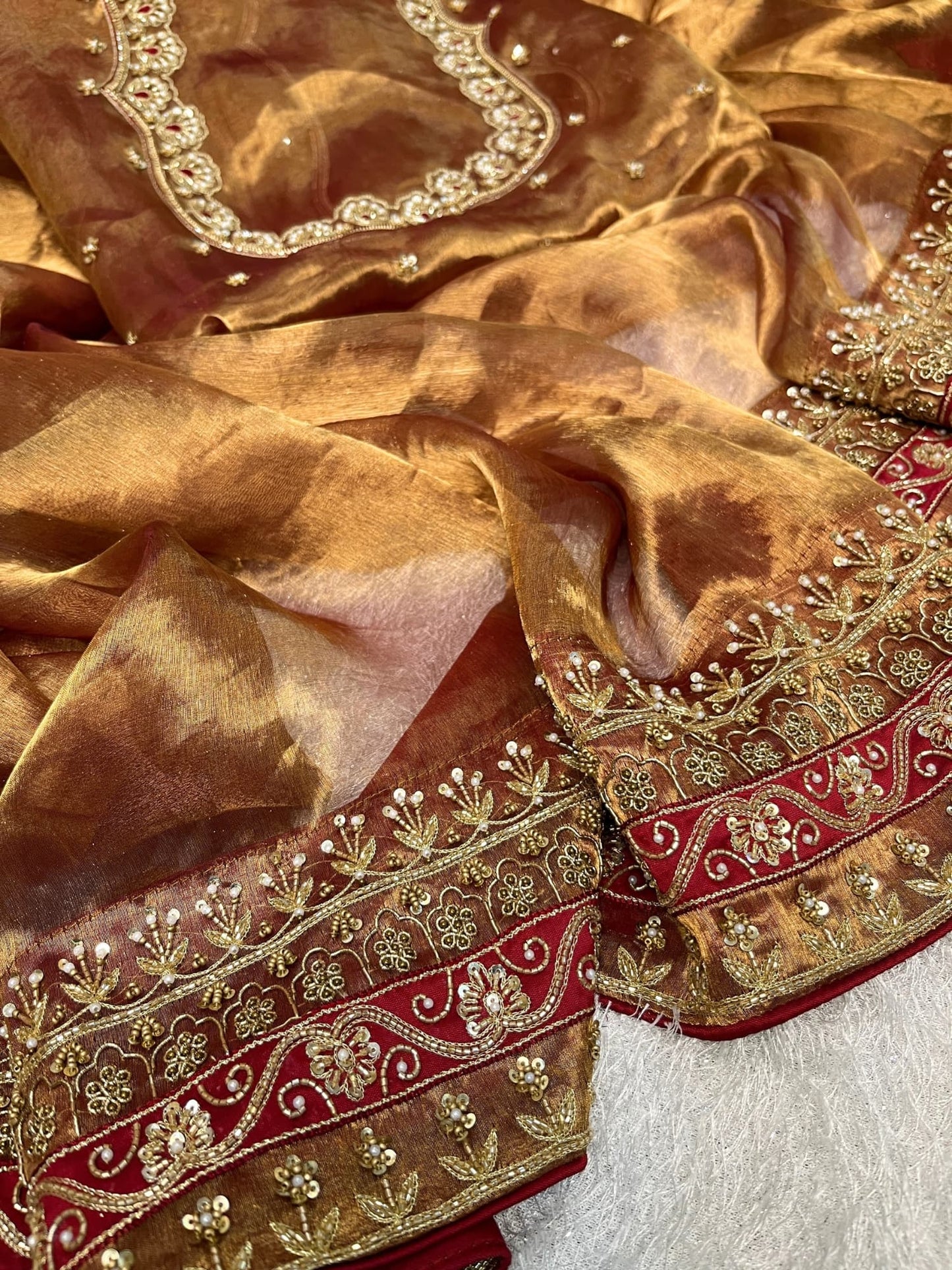 Hand Embroidered Copper Brown Banarasi Tissue Silk Saree with maroon patchwork border and matching embroidered blouse piece – perfect for weddings and festive occasions.