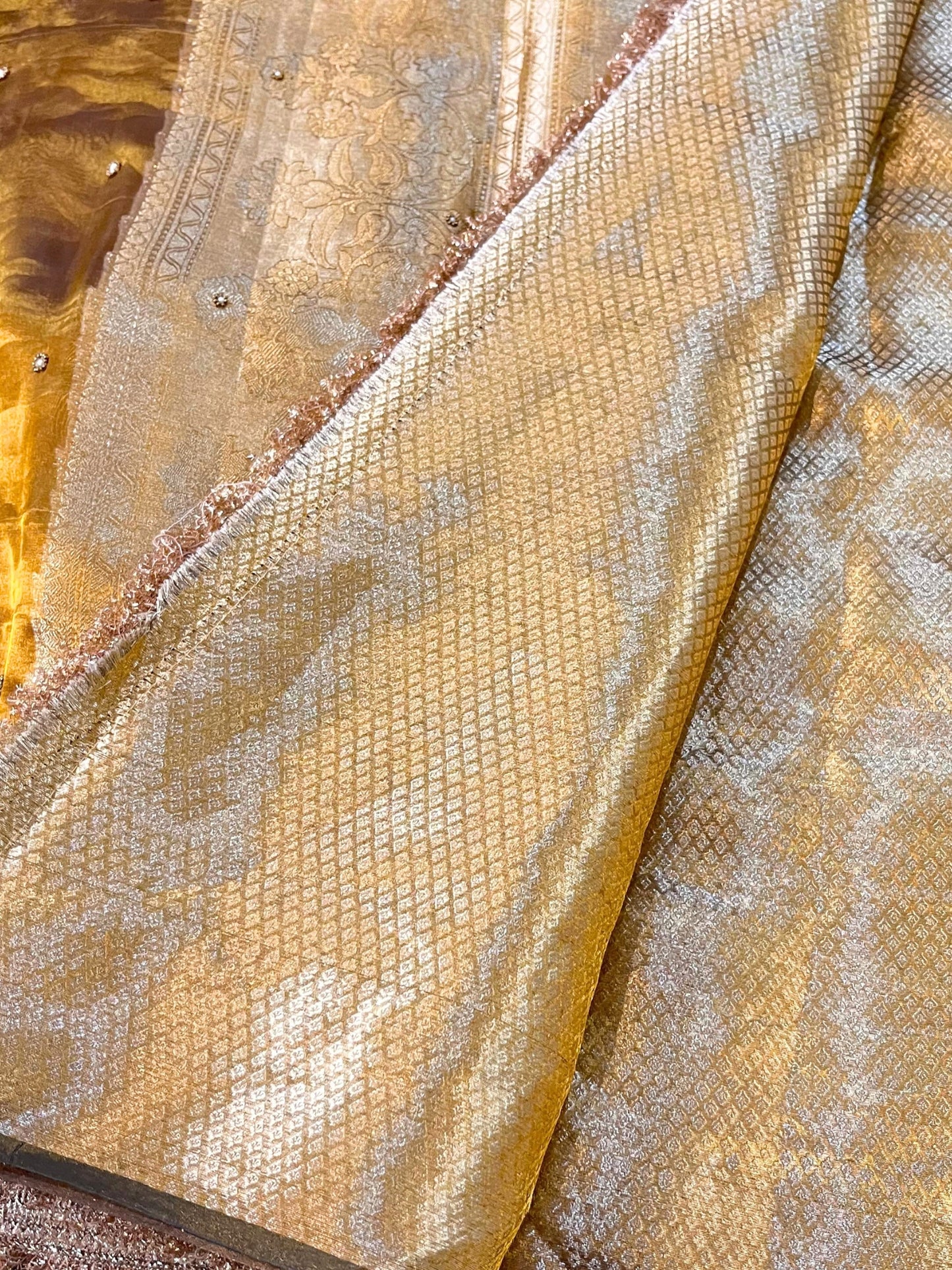 Hand Embroidered Mehndi Green Banarasi Tissue Silk Saree with flower buta, gota patti border, brocade aachal, and unstitched blouse piece