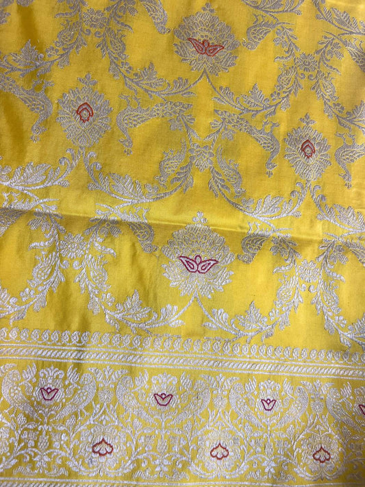 Yellow Katan Silk Saree with floral jaal closeup view
