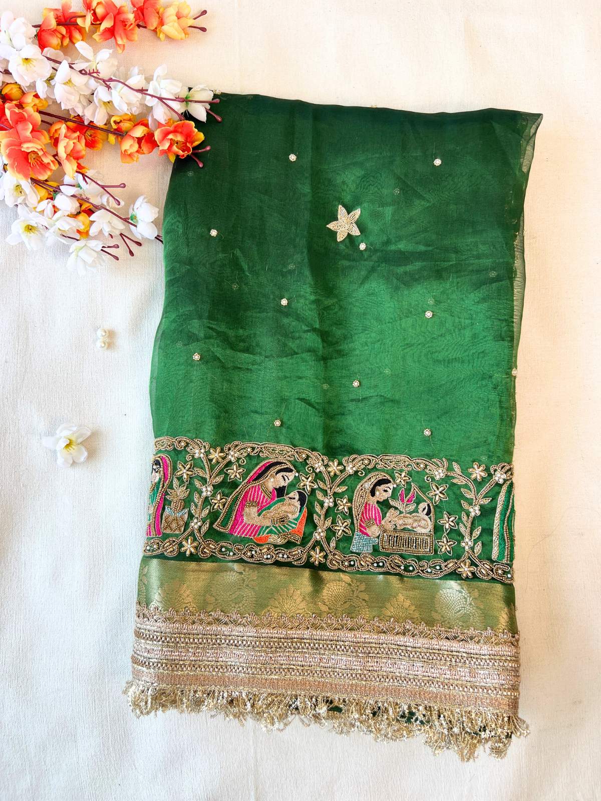 Bottle Green Banarasi Tissue Silk Saree Godh Bharai with Hand Embroidered Baby Shower front view