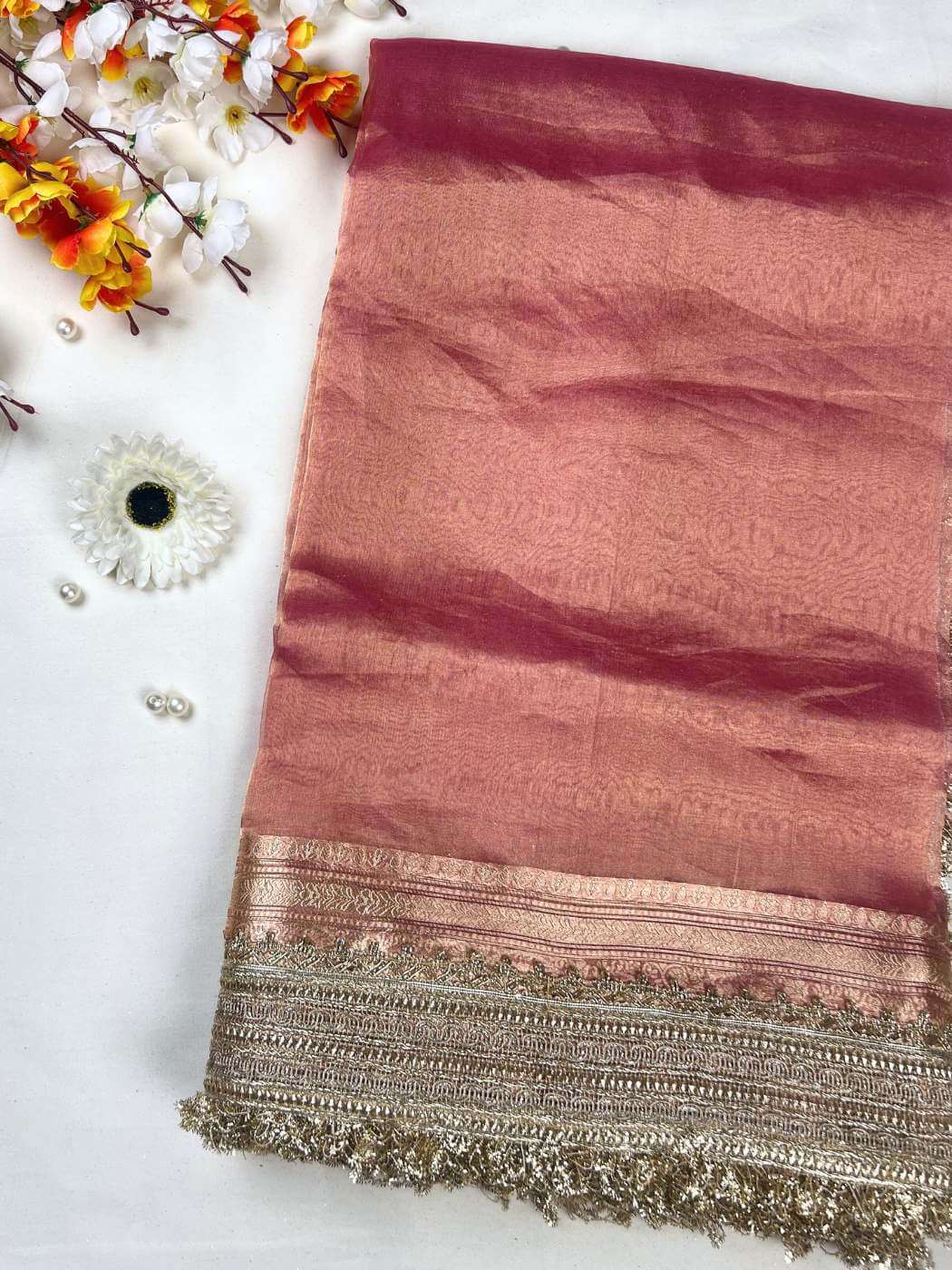 Rose Pink Maharani Pure Banarasi Tissue Silk Saree with Gota Patti Border and floral accessories. front view