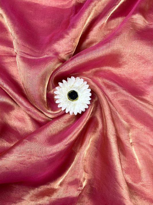 Rose Pink Maharani Pure Banarasi Tissue Silk Saree with Gota Patti Border and floral accessories. Closeup View