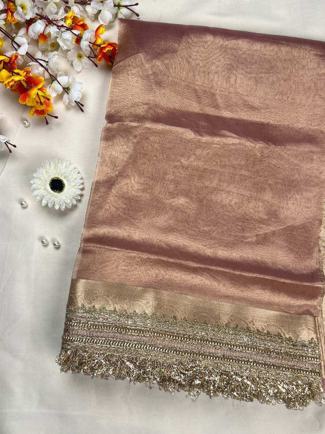 Maharani rust pink Banarasi silk saree with traditional handwoven Front View