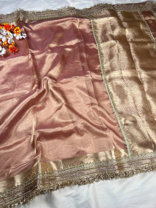 Maharani rust pink Banarasi silk saree with traditional handwoven motifs