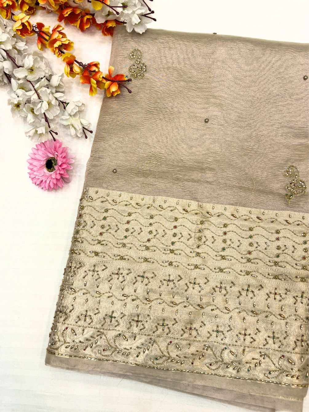Champagne Gold Tissue Silk Saree Maharani Noor front view