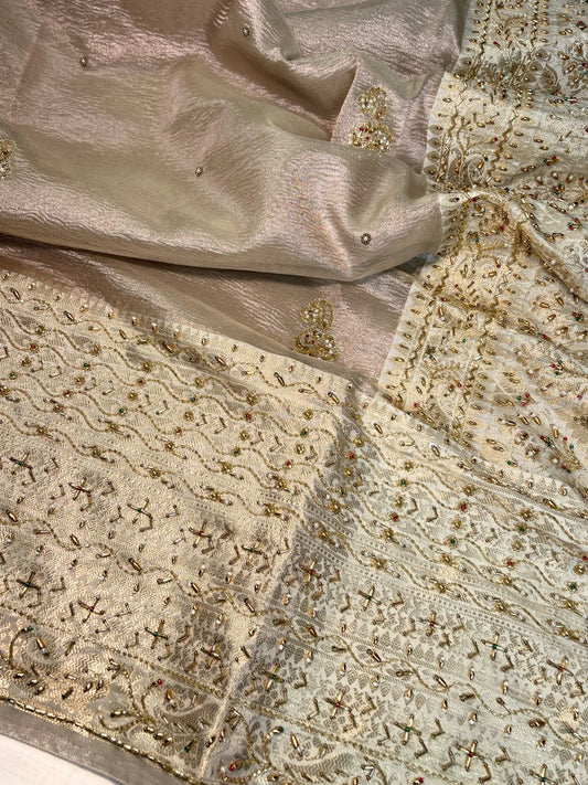 Champagne Gold Tissue Silk Saree Maharani Noor closeup view01