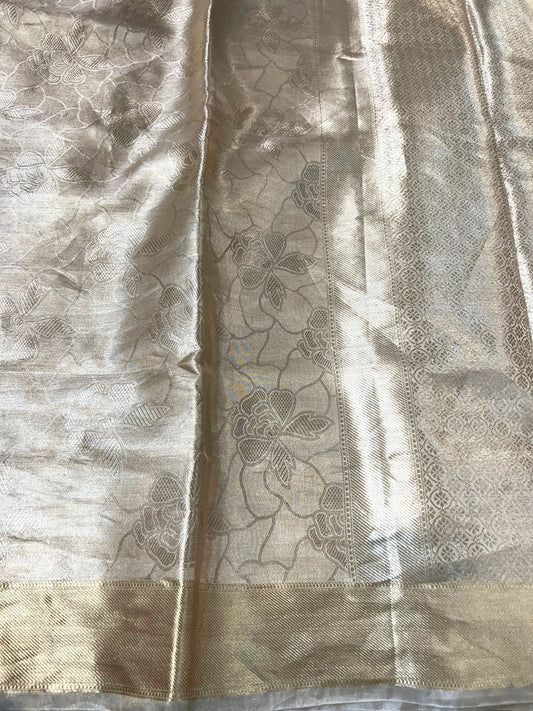 Manatavya Banaras golden brocade tissue silk saree with rich zari weaving, luminous sheen and regal traditional elegance
