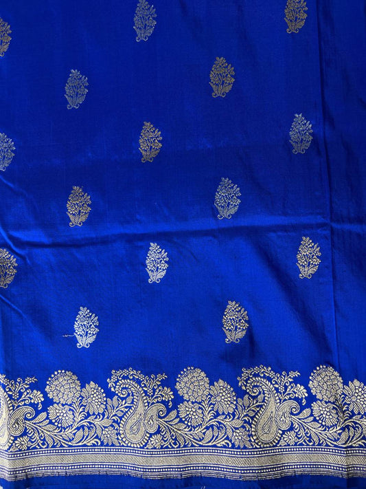 Royal Blue Katan Silk Saree with zari buta closeup view