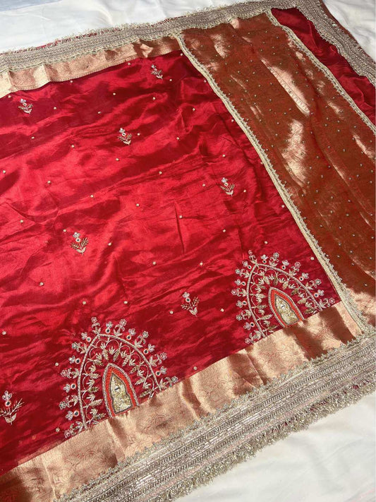 Royal red Tissue Silk Saree Shahi Darwaza Banarasi silk saree with classic architectural Full View