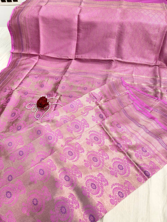 “Pink Katan Silk saree with elegant weaving and festive design”