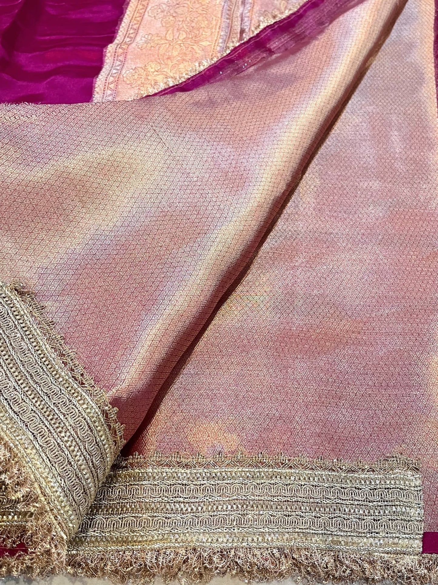 Wine Pure Banarasi Tissue Silk Saree with mirror jaal embroidery, scattered butis, and unstitched brocade blouse – handwoven in Banaras.