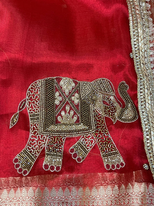 Hand-Embroidered Red Tissue Silk Saree with Elephant Motifs