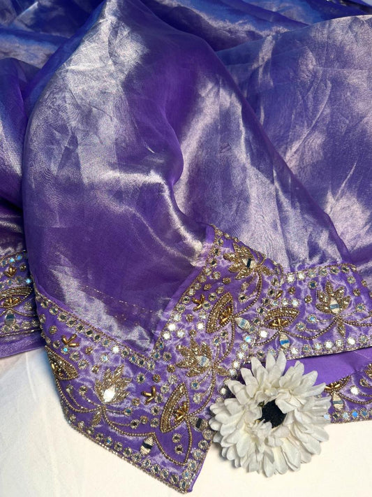 Lavender Aaina Pure Tissue Silk Saree Noor e Khaas With Hand Embroidered Border closeup view