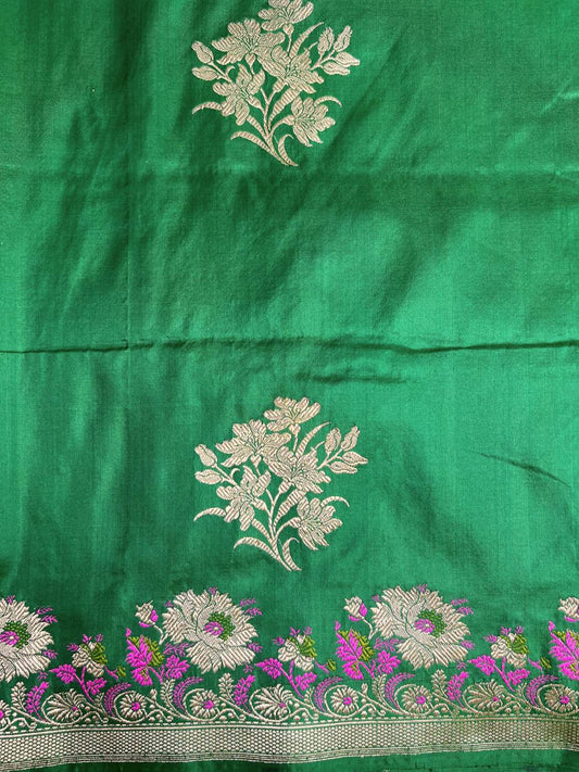 Bottle Green Katan Silk Saree with floral buta closeup view