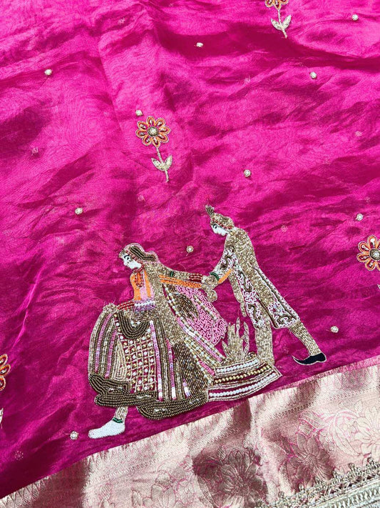Hot Pink Tissue Silk Saree Saat Phere With Hand Embroidered Closeup view
