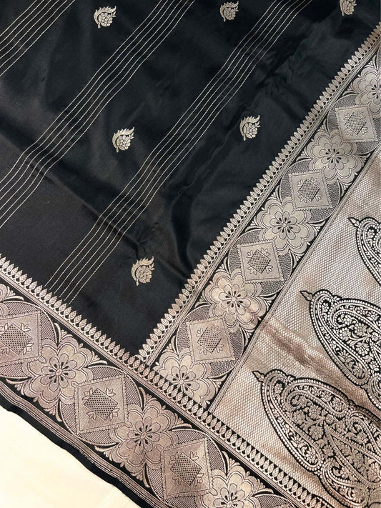 Black Katan Silk Saree with zari floral butis closeup view01