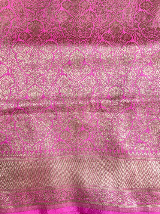 Pink Katan Silk Saree With floral jaal closeup view