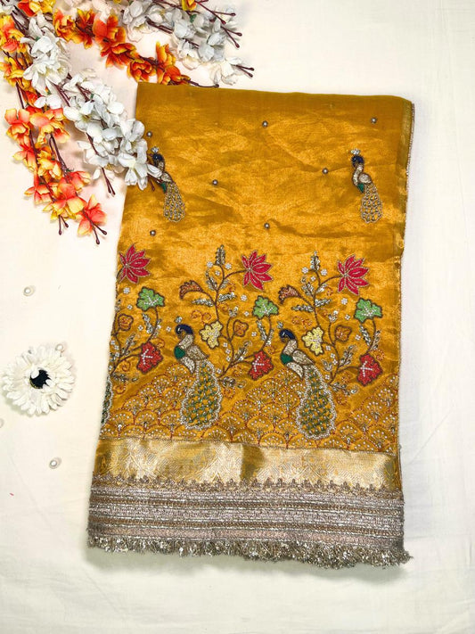 Mustard Yellow Pure Tissue Silk Saree Panchhi with Hand Embroidered Peacock and floral front view