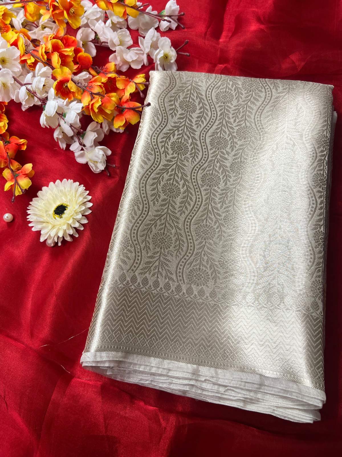 Champagne Silver Brocade Tissue Silk Saree with Zari Work front view