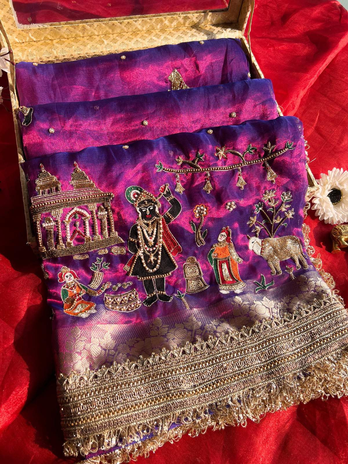 Purple Tissue Silk Saree dhoop chav with Hand Embroidered Shree Nath Ji front view