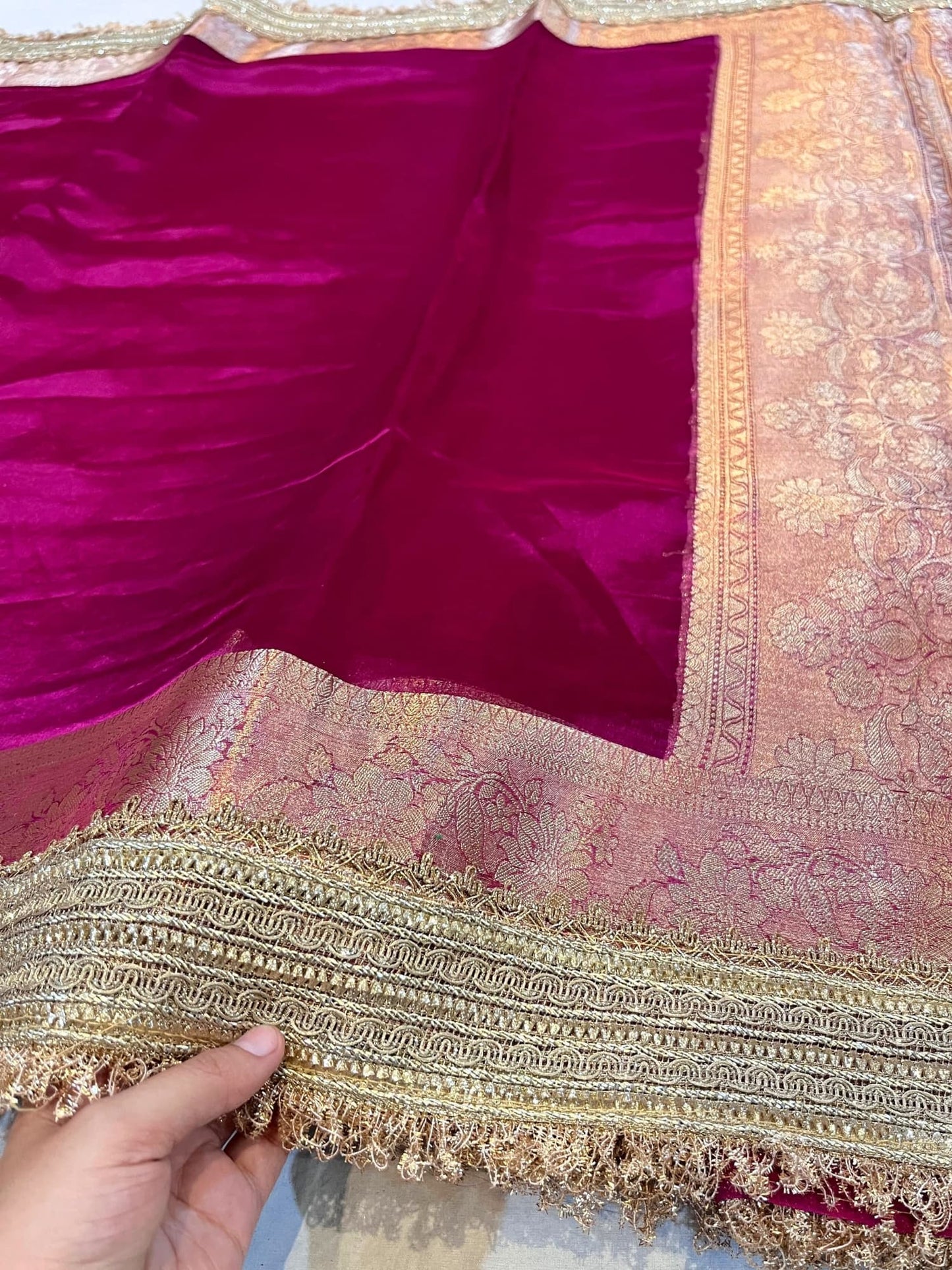 Wine Pure Banarasi Tissue Silk Saree with mirror jaal embroidery, scattered butis, and unstitched brocade blouse – handwoven in Banaras.