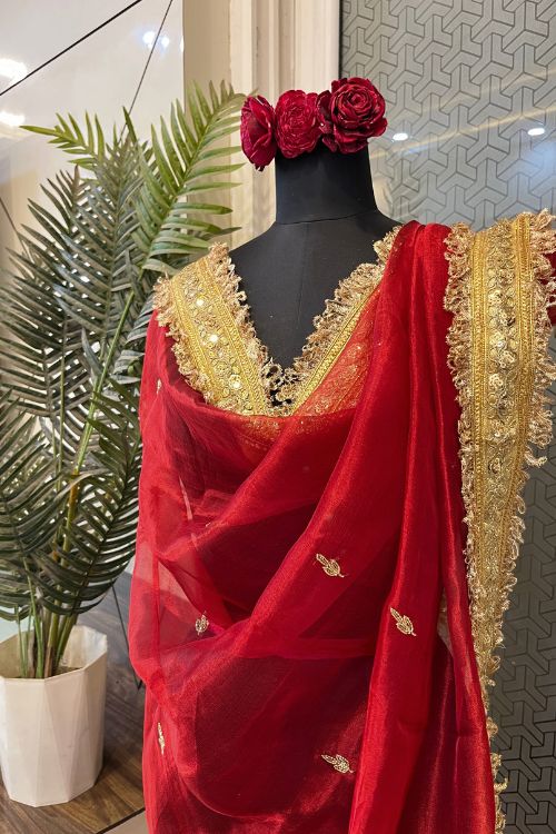 Red Hand Embroidered Tissue Silk Dupatta