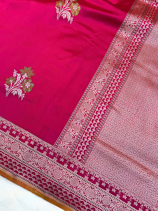 Hot Pink Katan Silk Saree with floral butis closeup view 01