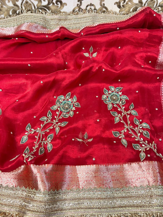 Red Bela Hand-Embroidered Banarasi Tissue Silk Saree