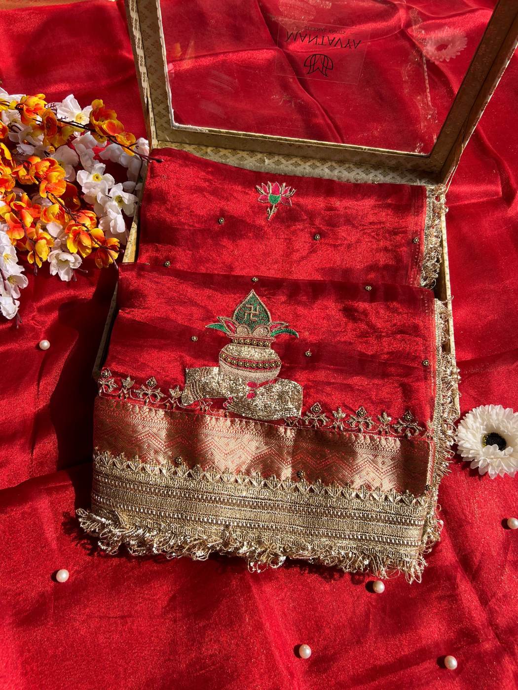 Royal Red Banarasi Tissue Silk Saree Shubharambh with Hand-embroidered Kalash front view
