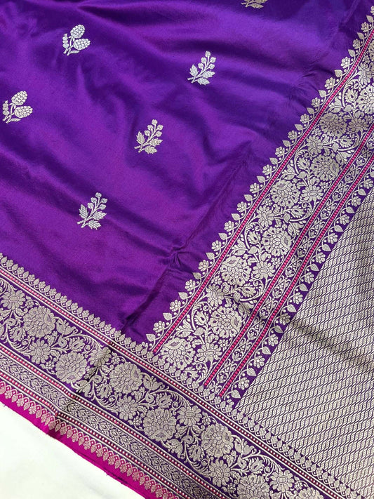 Royal Purple Katan Silk Saree with floral butis closeup view01