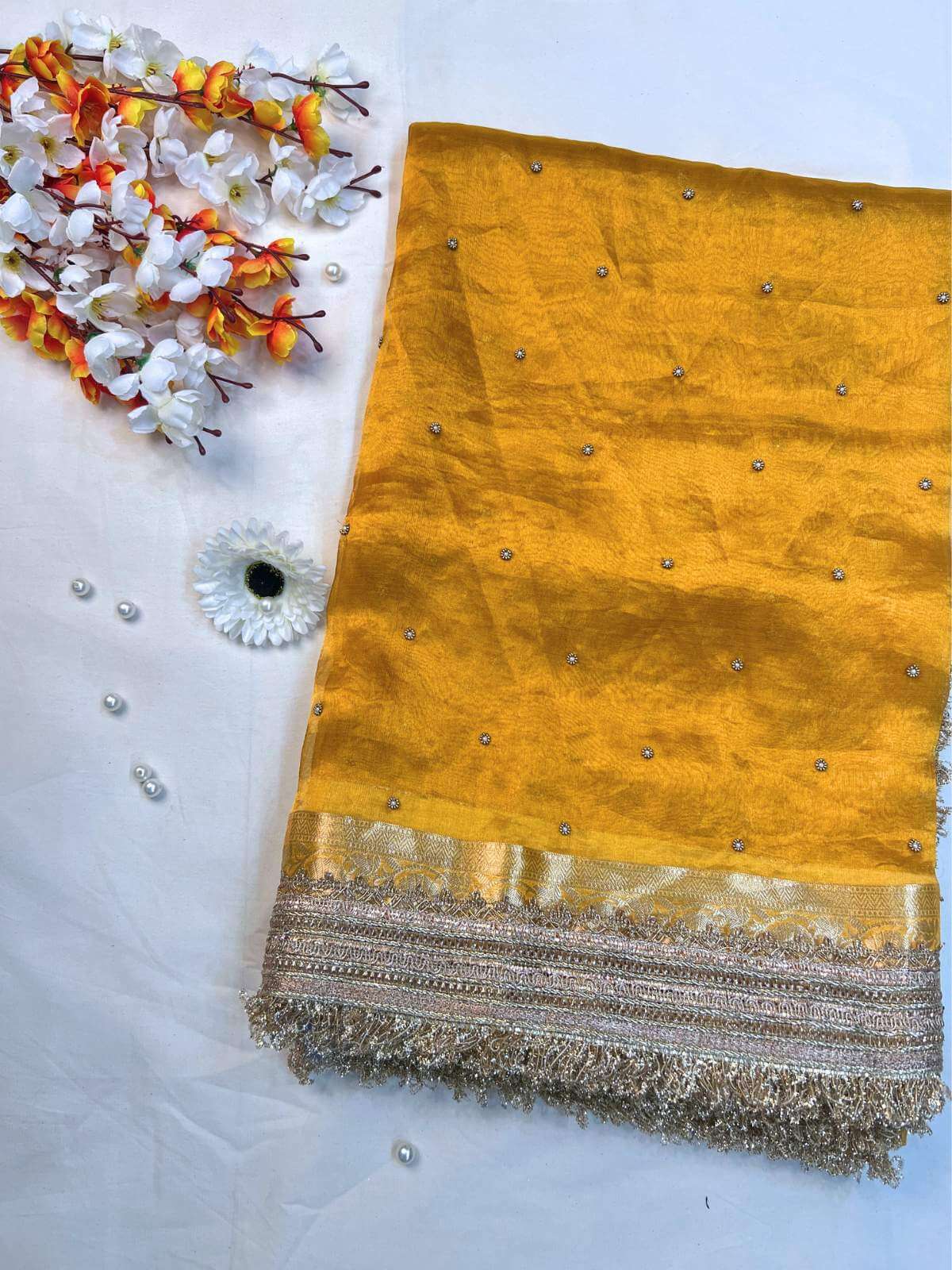 Yellow Pure Banarasi Tissue Silk Saree Maharani Embroidery Buti With Hand Embroidered Buti Front View