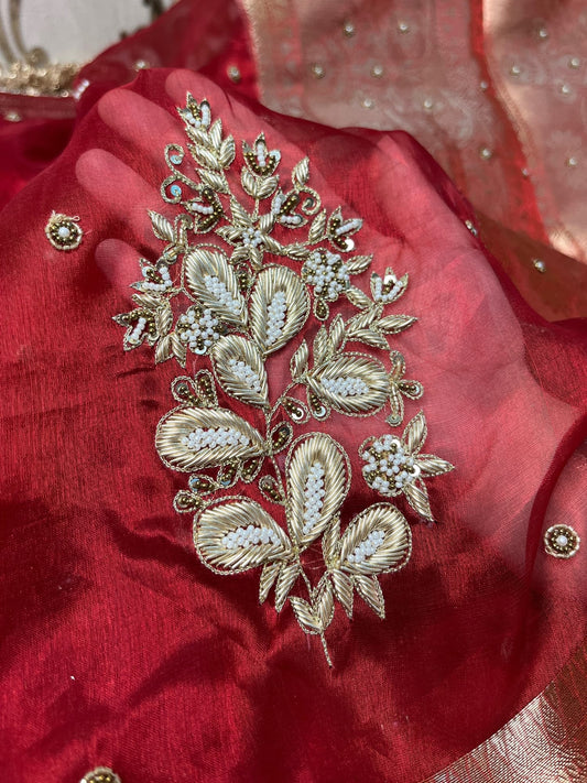 Hand Embroidered Red Banarasi Tissue Silk Saree with flower buta, gota patti border, brocade aachal, and unstitched brocade blouse piece