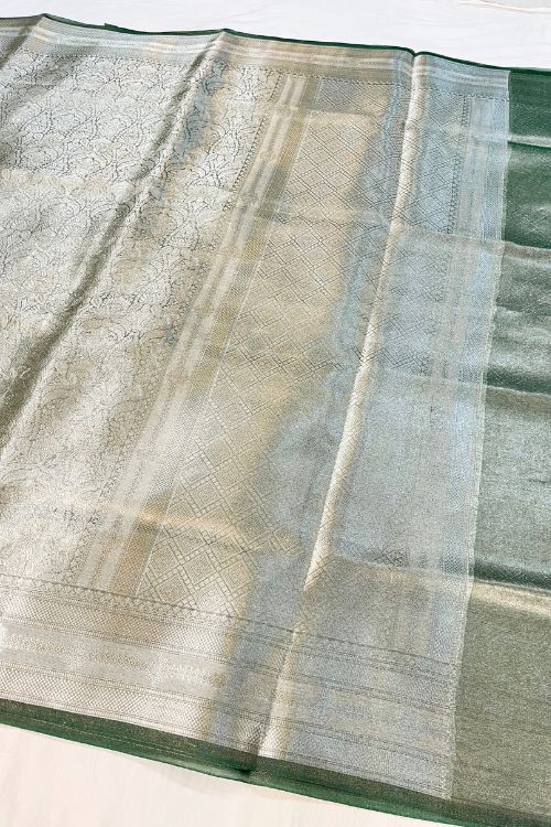 Green Brocade Tissue Silk Saree with delicate silver zari design and unstitched brocade blouse