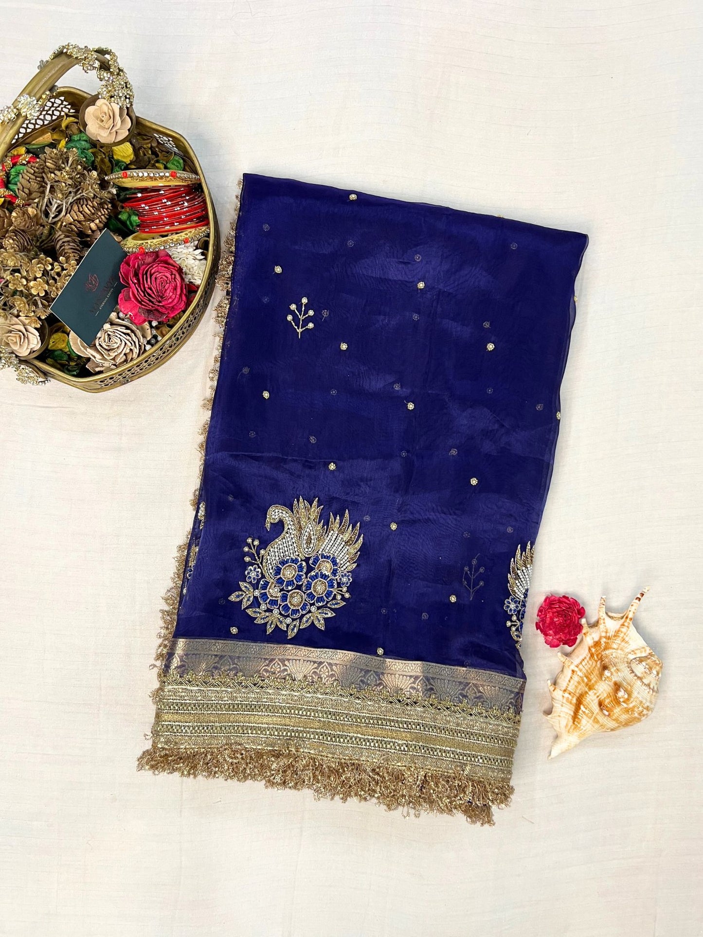 Blue Rajhans Swan Motif Banarasi Tissue Silk Saree
