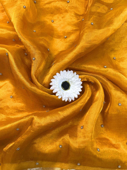 Yellow Pure Banarasi Tissue Silk Saree Maharani Embroidery Buti With Hand Embroidered Buti Closeup View