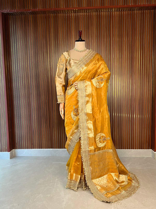 Yellow Banarasi Tissue Silk Saree with Hand-Embroidered Chand Dummy view