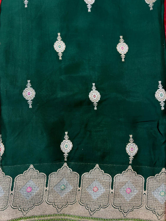 Dark Green Tissue Silk Saree Mashru with Animal and Floral Jaal Closeup View 02