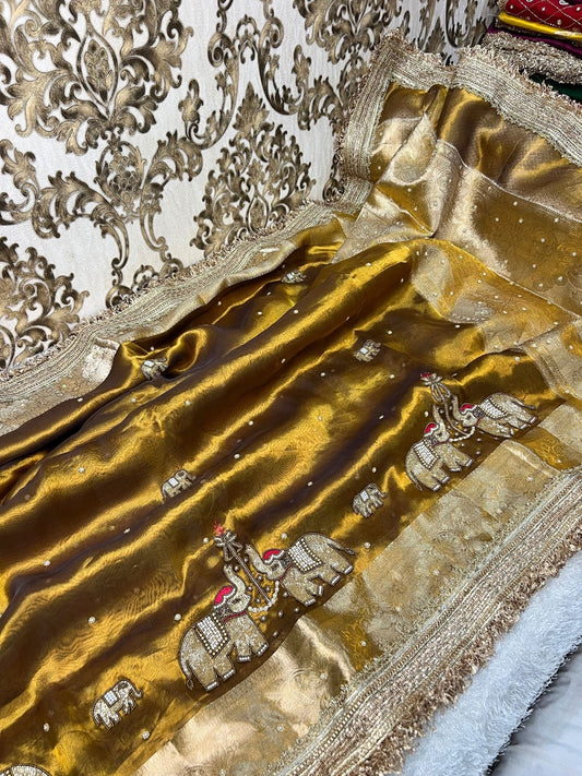 Mehendi Green Gajraaj Hand-Embroidered Tissue Silk Saree