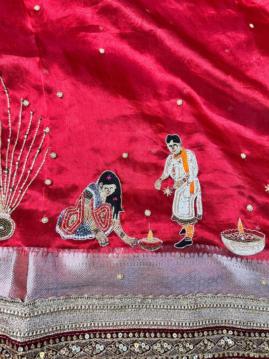 “Royal Red Diwali saree with elegant festive embroidery”