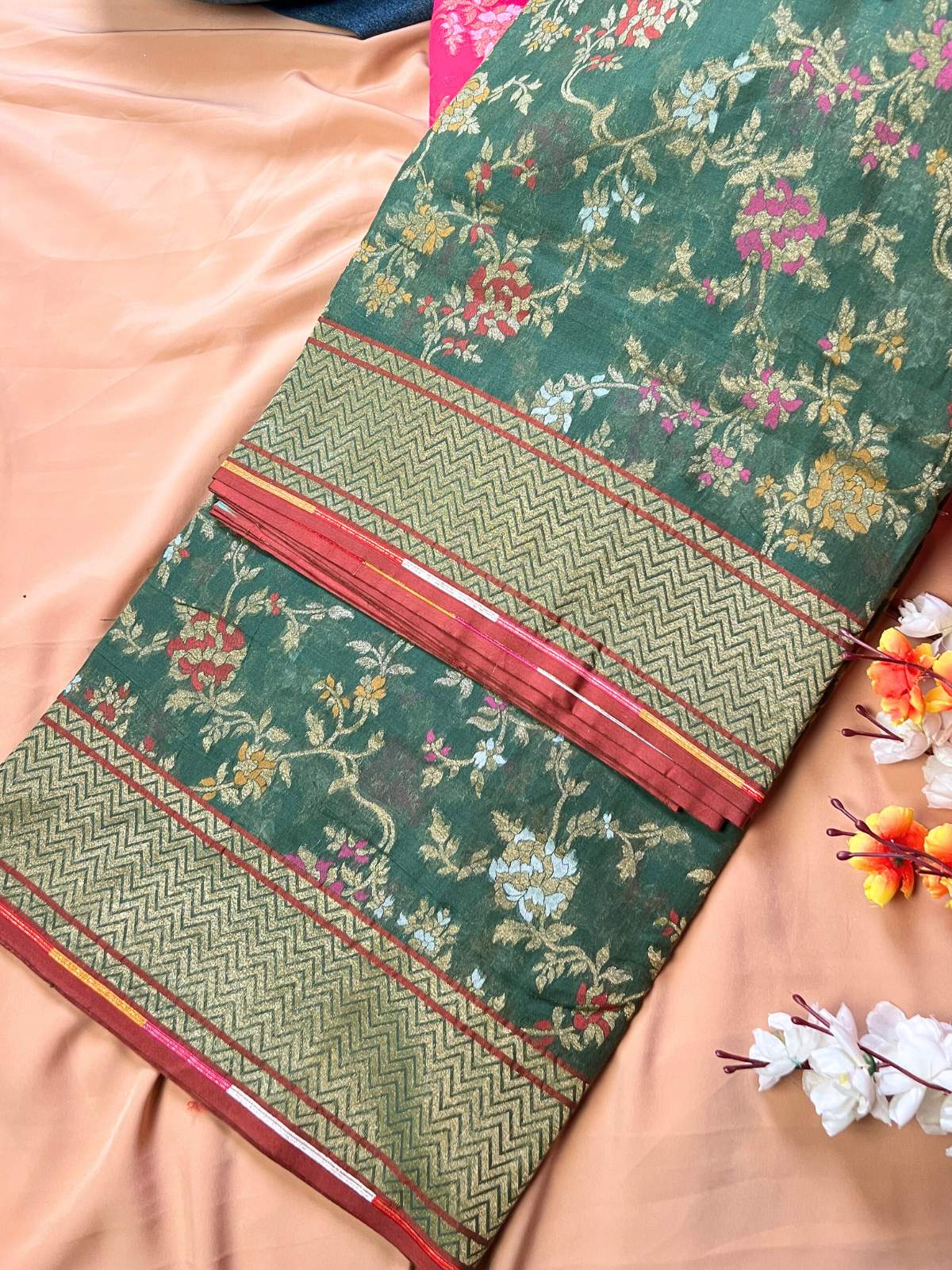 Green Cotton Jamdani Saree with floral front view