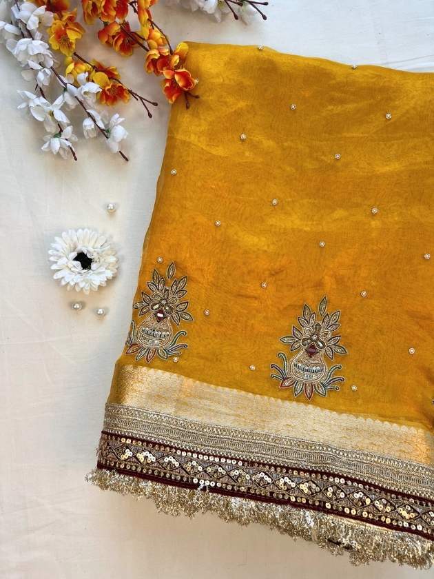 Mustard Yellow Pure Tissue Silk Saree Kalash with Hand-embroidered front view