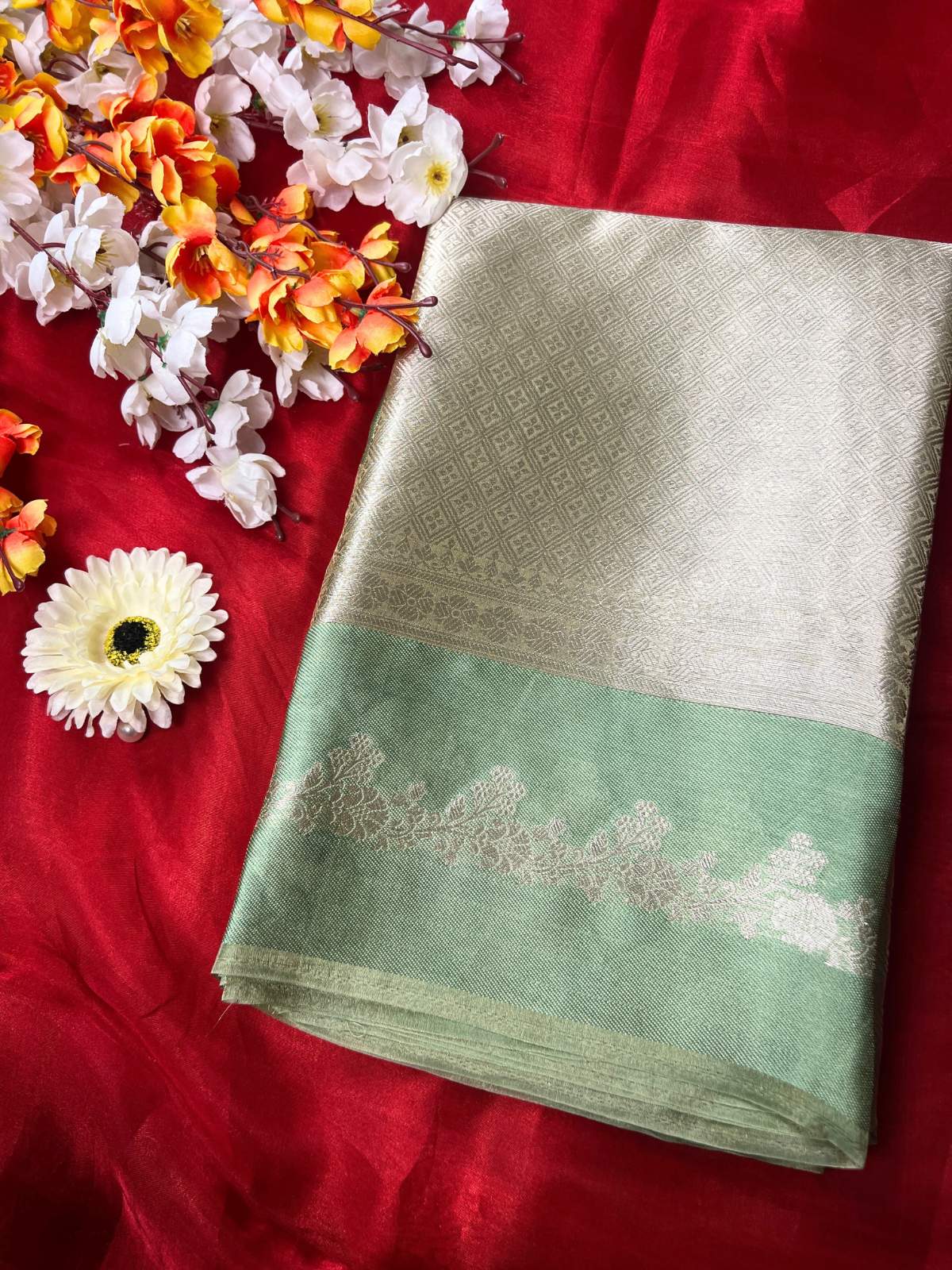 Sea Green Brocade Tissue Silk Saree with Zari Work front view