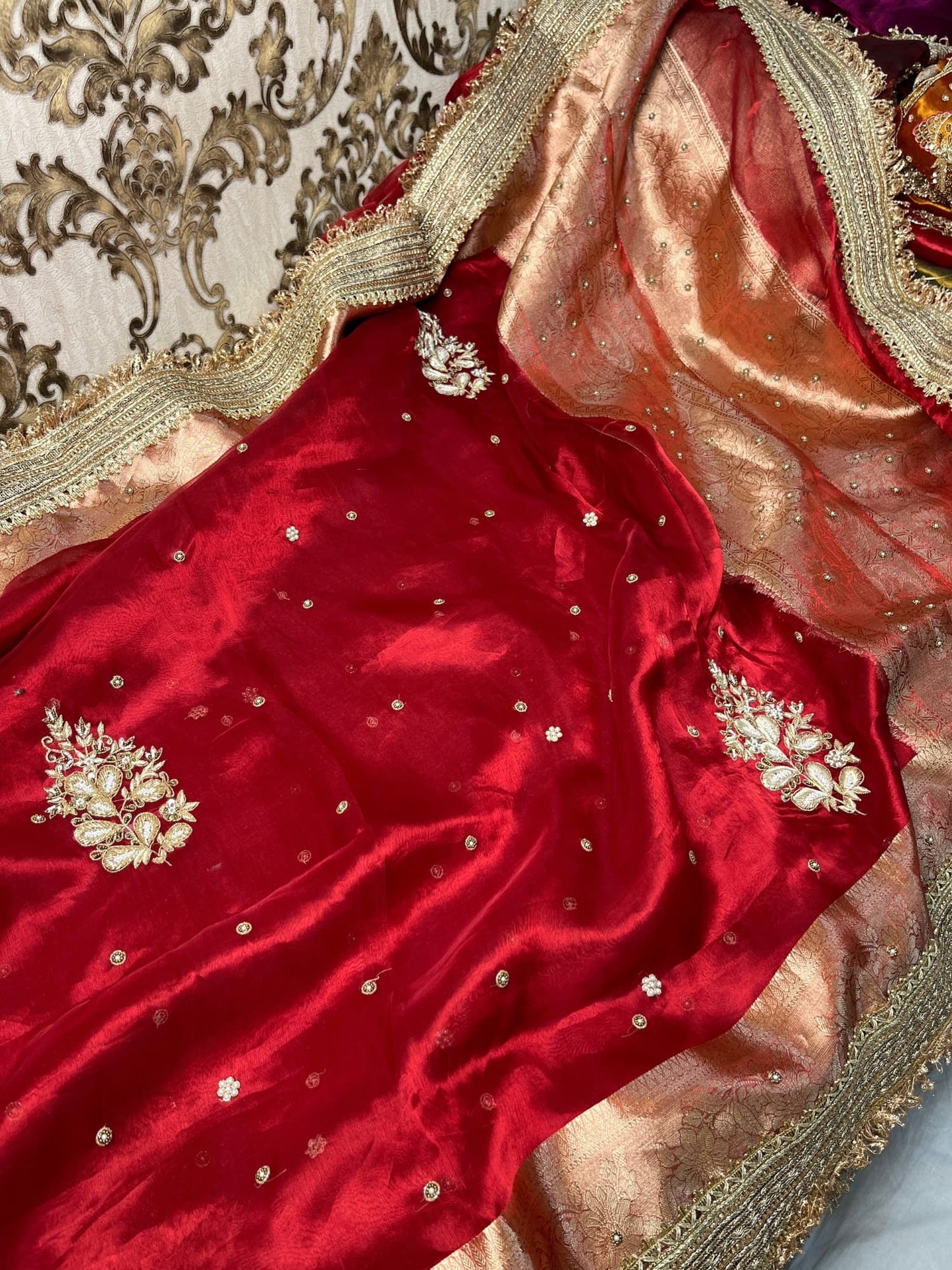 Hand Embroidered Red Banarasi Tissue Silk Saree with flower buta, gota patti border, brocade aachal, and unstitched brocade blouse piece
