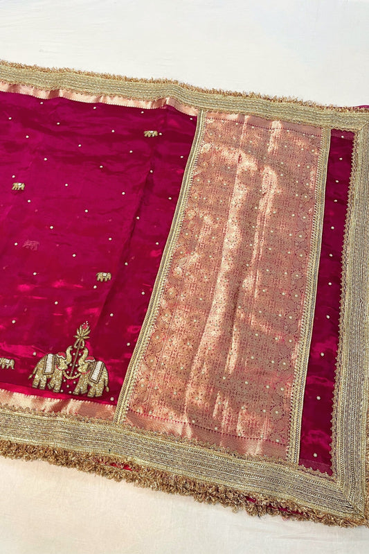 Hand-Embroidered Pink Tissue Silk Saree with Twin Elephant Buta Design