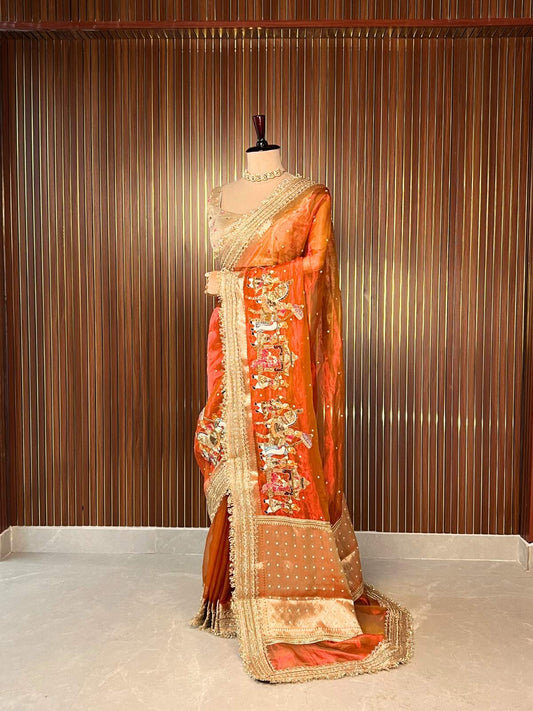 Orange Dual Shade Pure Banarasi Tissue Silk Saree Vidaai with Hand Embroidered Vidaai dummy view