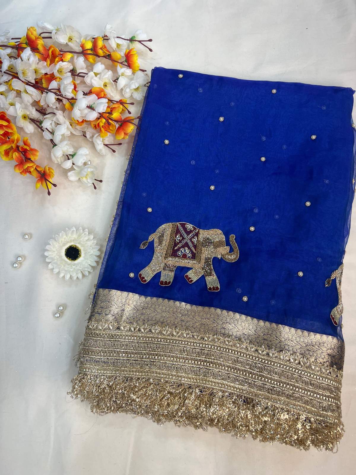 Royal Blue Tissue Silk Saree Gaj With Hand Embroidered Elephant Front View