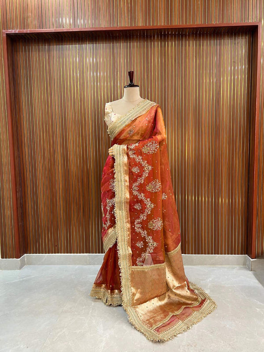 Pink Orange Tissue Silk Saree Dhoop Chav Shagun with Hand Embroidered floral and paisley-inspired Dummy view