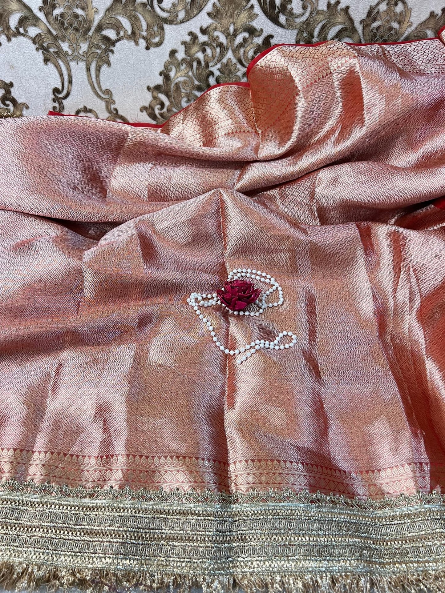 Red Gajgamini Hand-Embroidered Tissue Silk Saree with Elephant Motifs