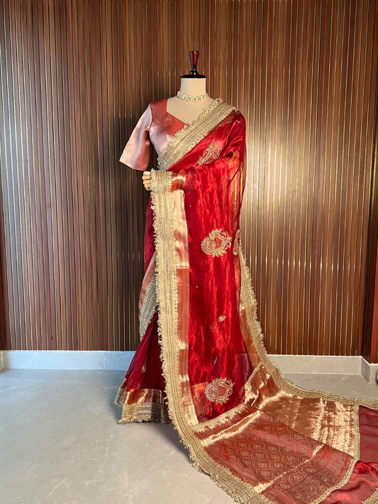 Royal Red Tissue Silk Saree Kundan with Hand Embroidered dummy view